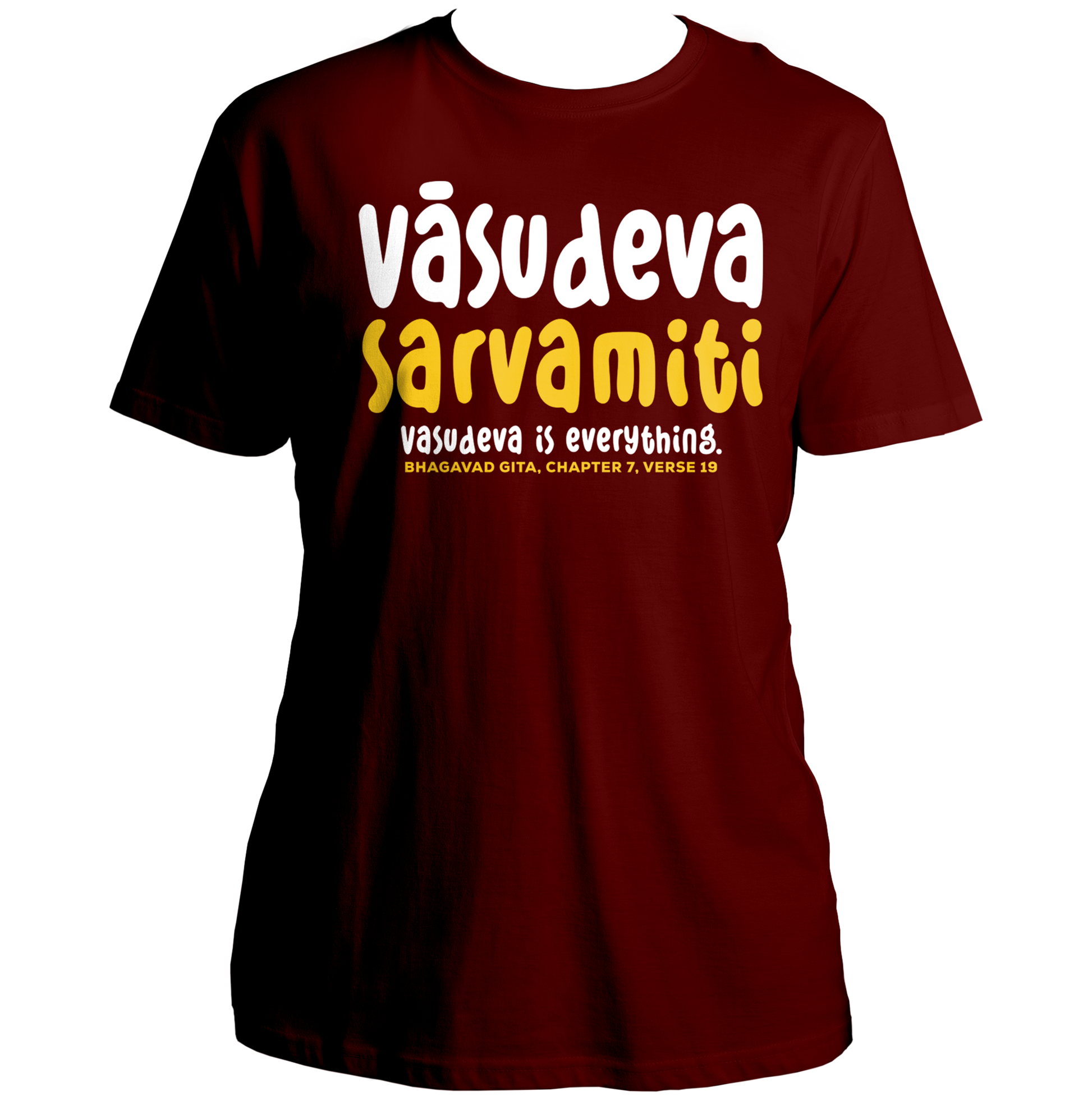 Maroon Vasudeva Sarvamiti Krishna T-shirt with Bhagavad Gita print by Garrari