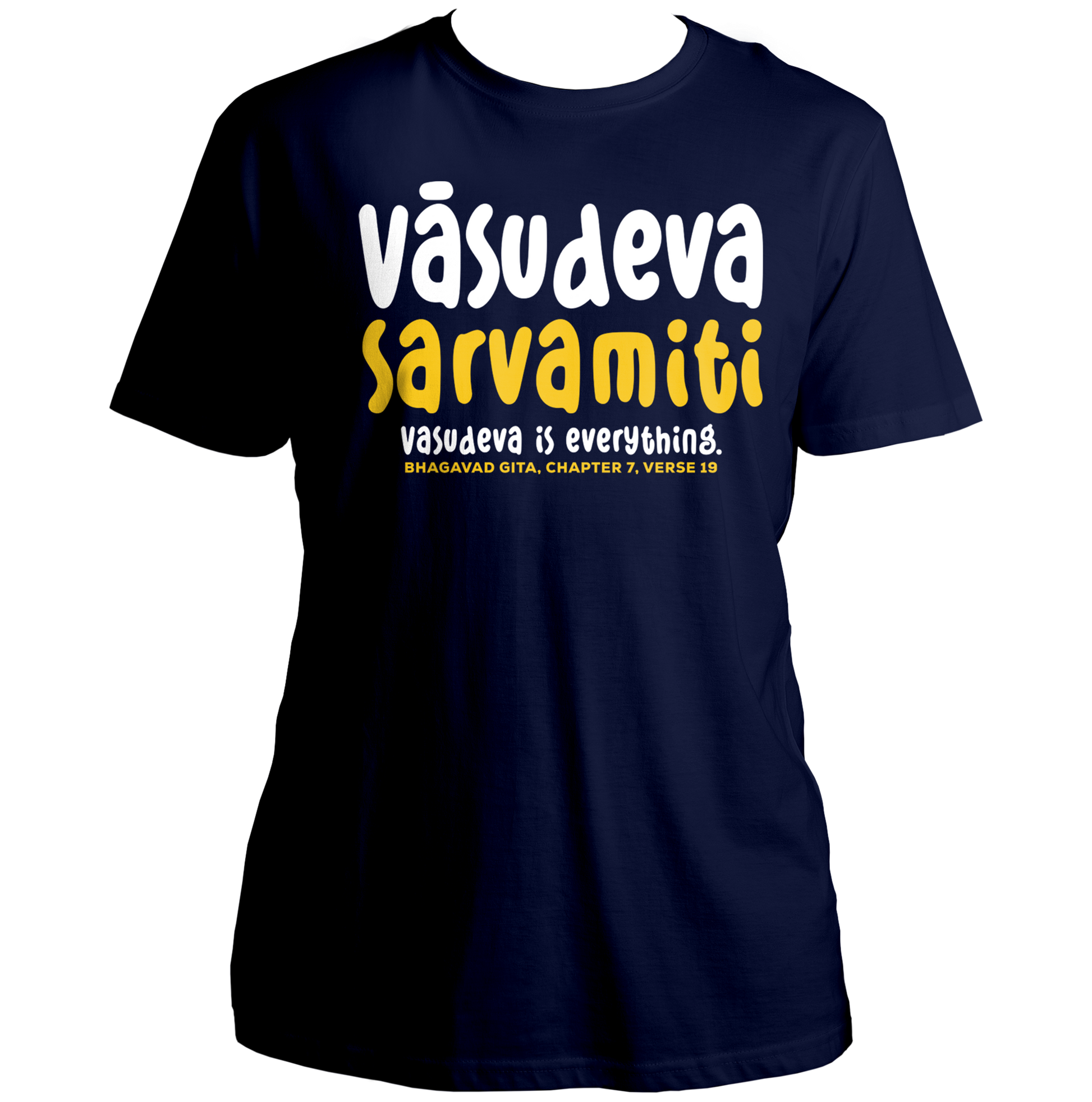 Navy Blue Vasudeva Is Everything T-shirt with Shri Krishna devotional artwork by Garrari