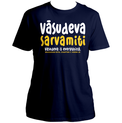 Navy Blue Vasudeva Is Everything T-shirt with Shri Krishna devotional artwork by Garrari