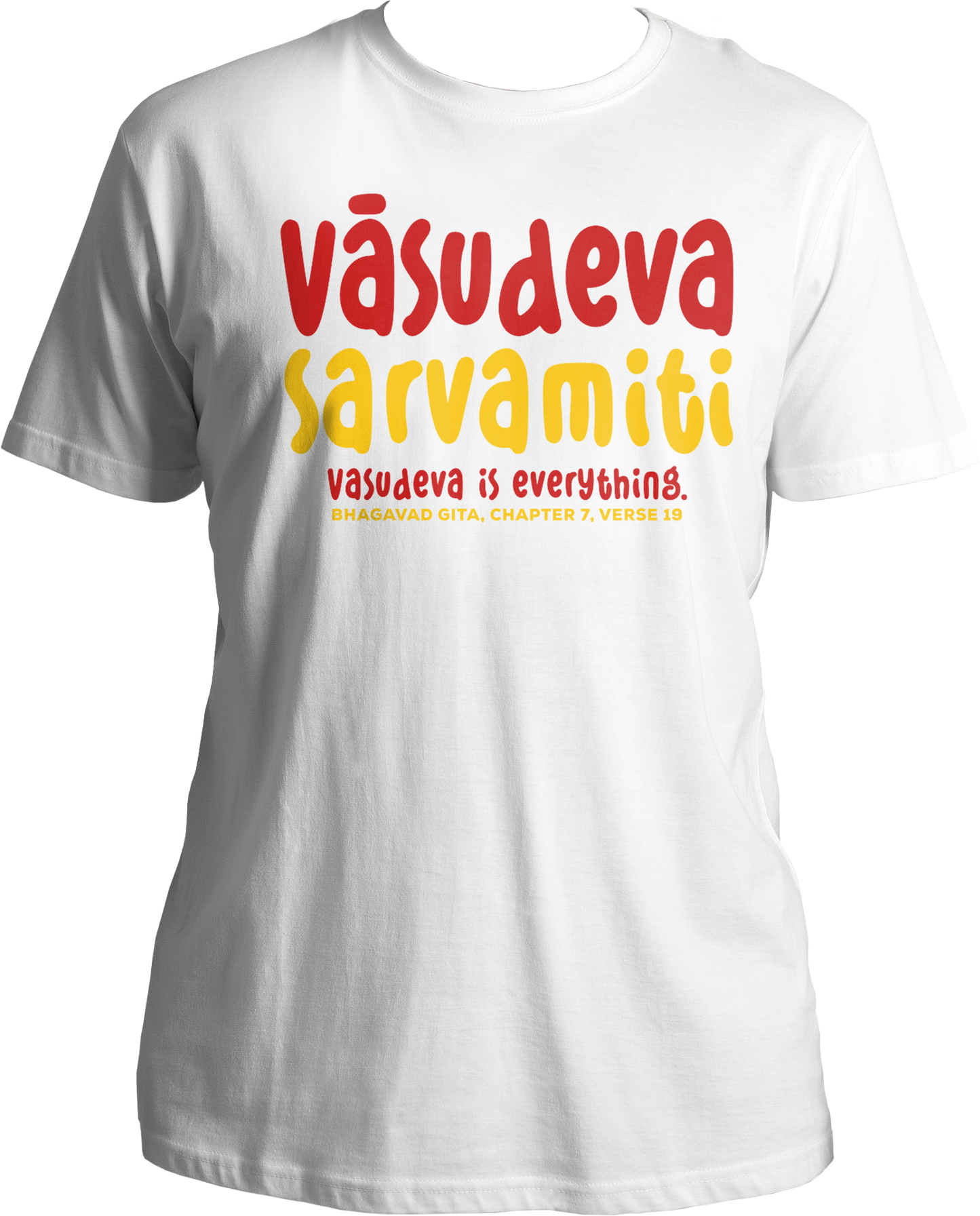 Collection of Bhagavad Gita and Shri Krishna devotional t-shirts, featuring Vasudeva Sarvamiti design