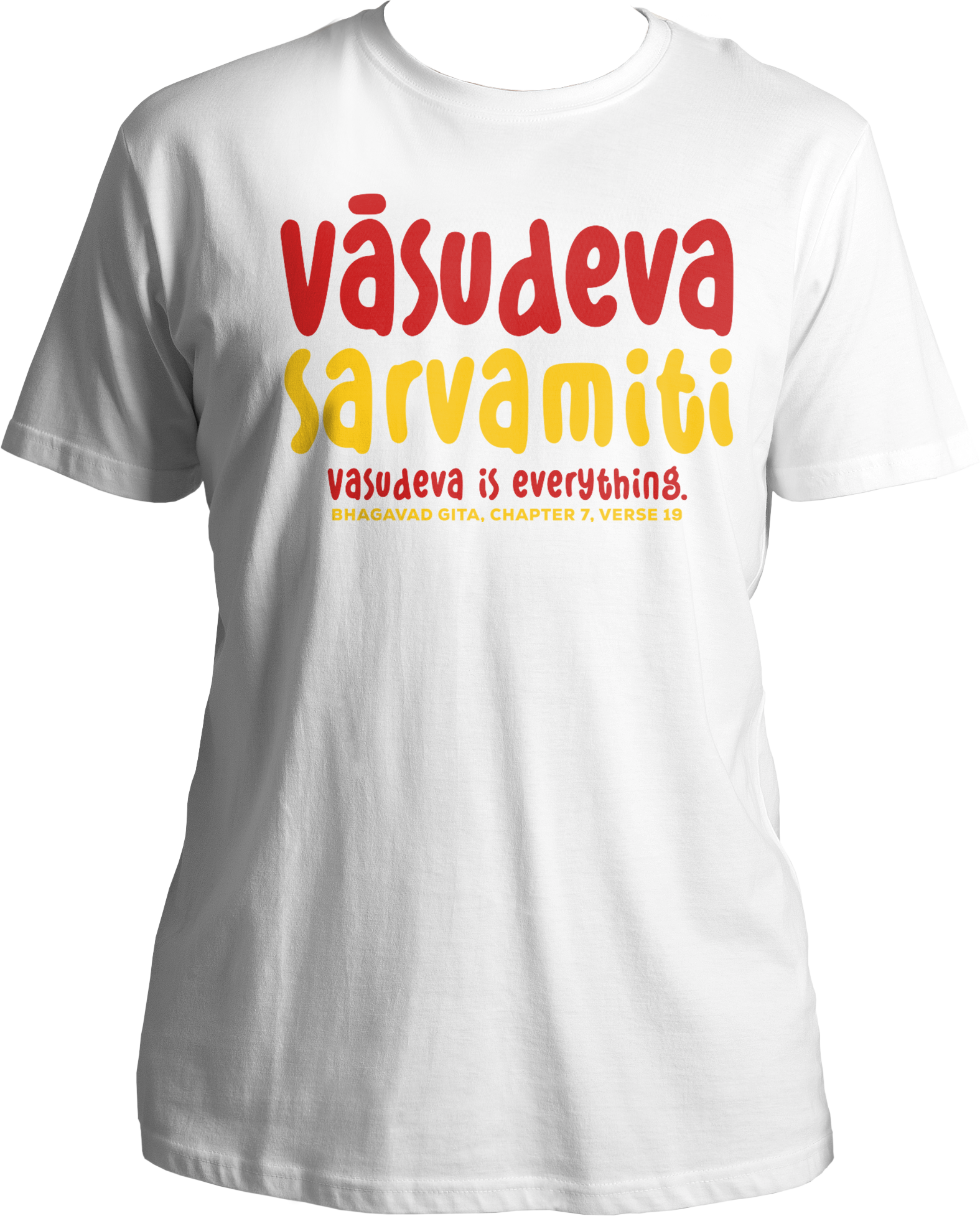 Collection of Bhagavad Gita and Shri Krishna devotional t-shirts, featuring Vasudeva Sarvamiti design