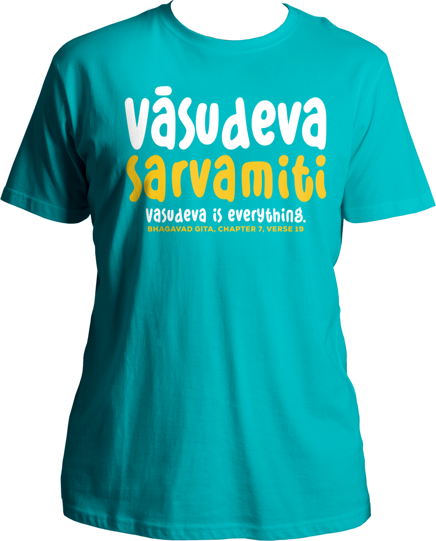 Collection of Bhagavad Gita and Shri Krishna devotional t-shirts, featuring Vasudeva Sarvamiti design