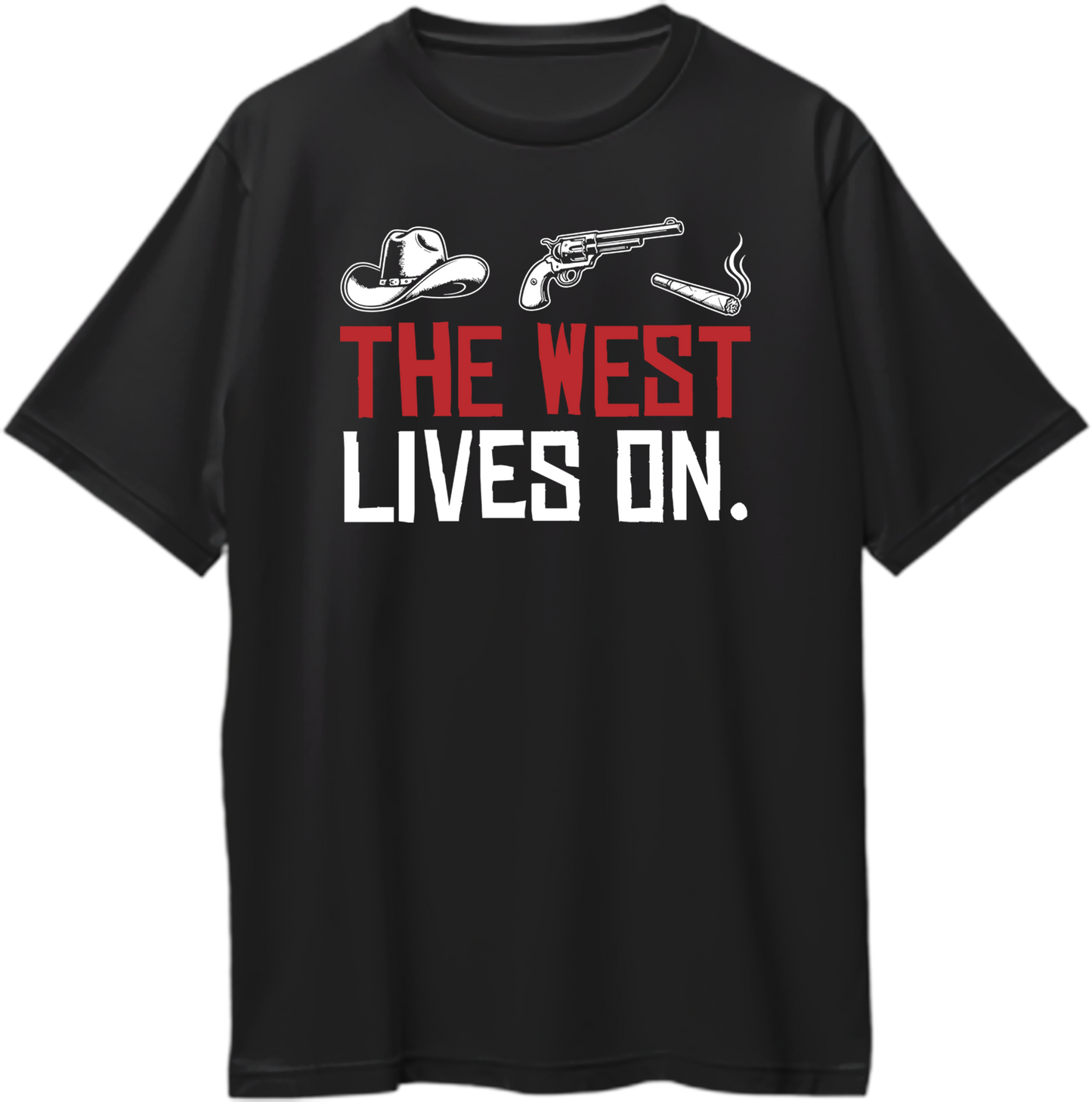 Black oversized unisex t-shirt with Red Dead Redemption 2 inspired design — cowboy hat, revolver, cigar icons with quote “The West Lives On.” – Garrari Brand.