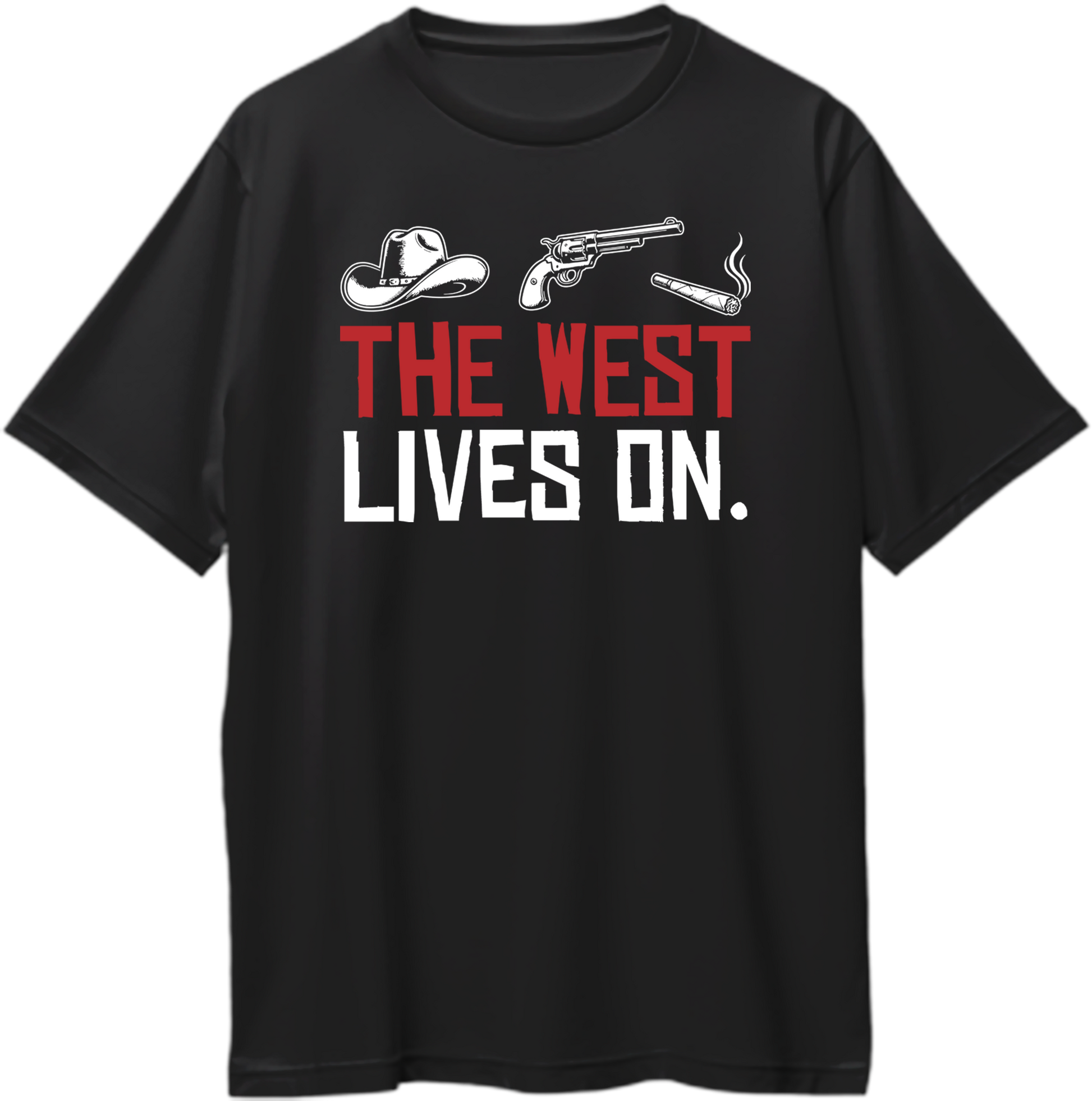 Black oversized unisex t-shirt with Red Dead Redemption 2 inspired design — cowboy hat, revolver, cigar icons with quote “The West Lives On.” – Garrari Brand.