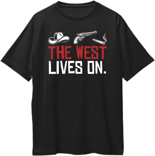 Black oversized unisex t-shirt with Red Dead Redemption 2 inspired design — cowboy hat, revolver, cigar icons with quote “The West Lives On.” – Garrari Brand.
