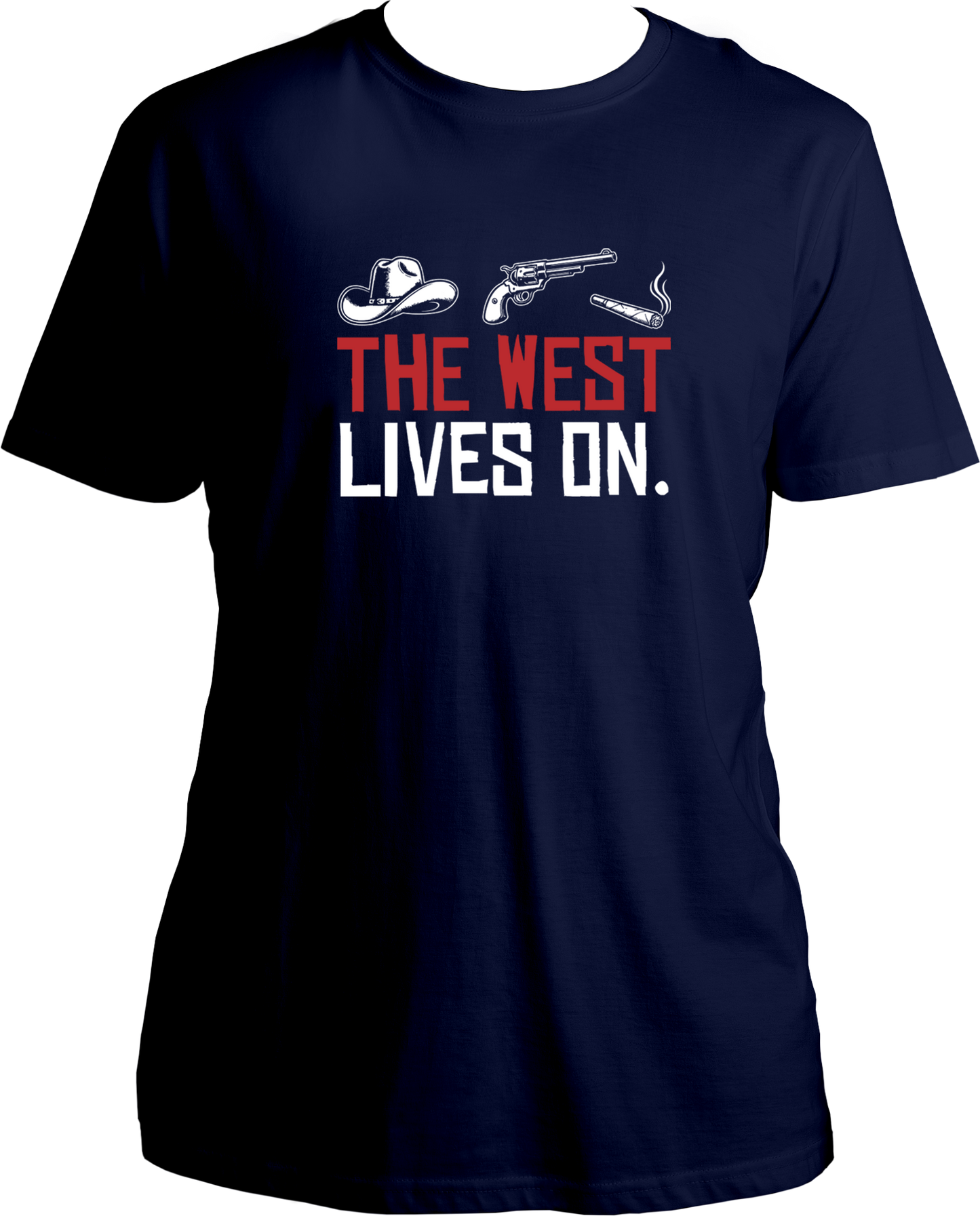 unisex cotton t-shirt inspired by Red Dead Redemption 2 featuring cowboy hat, revolver, and cigar icons with quote “The West Lives On.” – Garrari Brand.