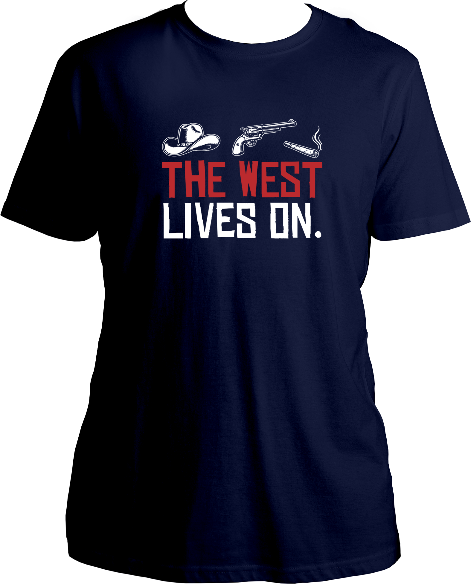 unisex cotton t-shirt inspired by Red Dead Redemption 2 featuring cowboy hat, revolver, and cigar icons with quote “The West Lives On.” – Garrari Brand.