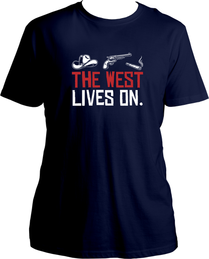 unisex cotton t-shirt inspired by Red Dead Redemption 2 featuring cowboy hat, revolver, and cigar icons with quote “The West Lives On.” – Garrari Brand.