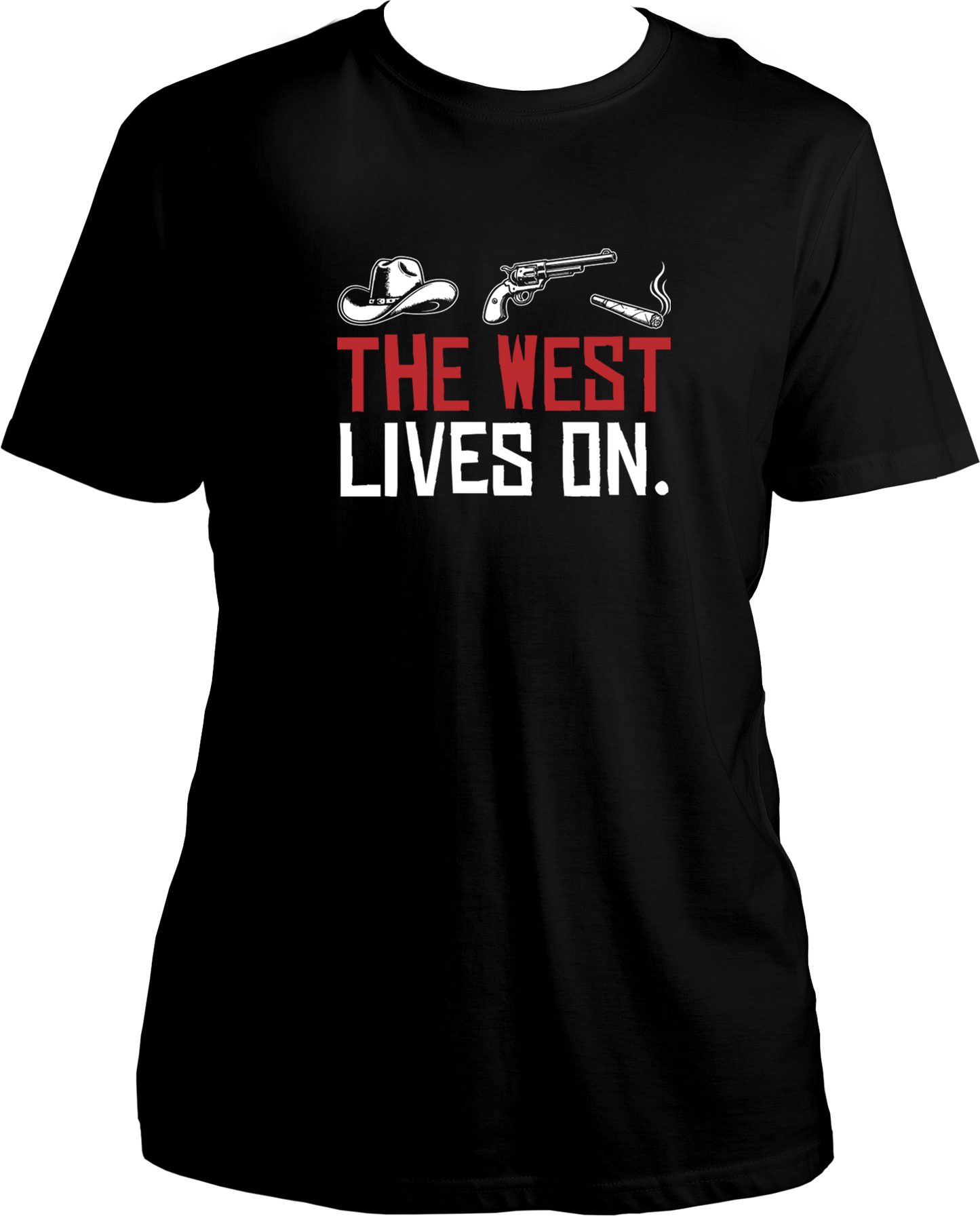 unisex cotton t-shirt inspired by Red Dead Redemption 2 featuring cowboy hat, revolver, and cigar icons with quote “The West Lives On.” – Garrari Brand.