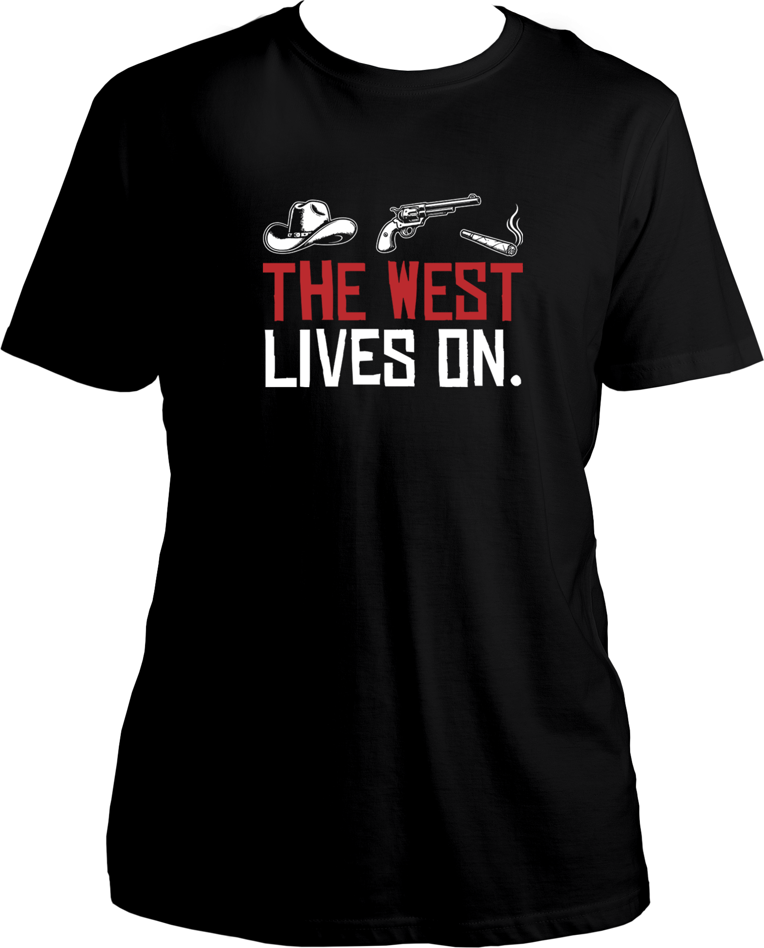unisex cotton t-shirt inspired by Red Dead Redemption 2 featuring cowboy hat, revolver, and cigar icons with quote “The West Lives On.” – Garrari Brand.