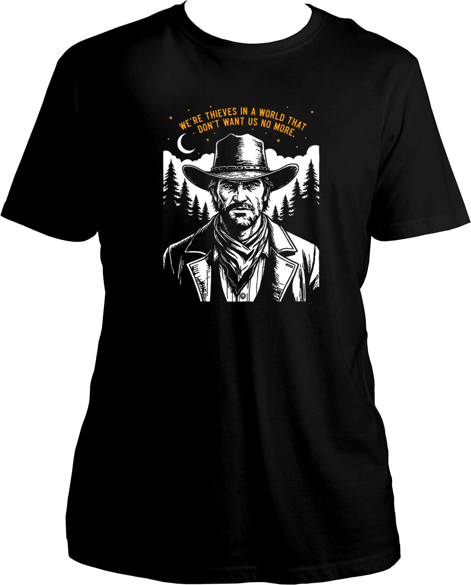 Black unisex cotton t-shirt featuring Arthur Morgan with quote “We’re thieves in a world that don’t want us no more.” inspired by Red Dead Redemption 2 – Garrari Brand.