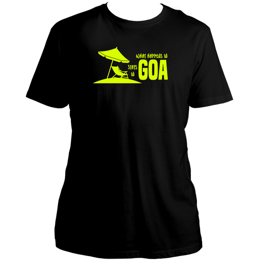 Black What Happens In Goa Stays In Goa Unisex T-Shirt by Garrari with beach vacation graphic