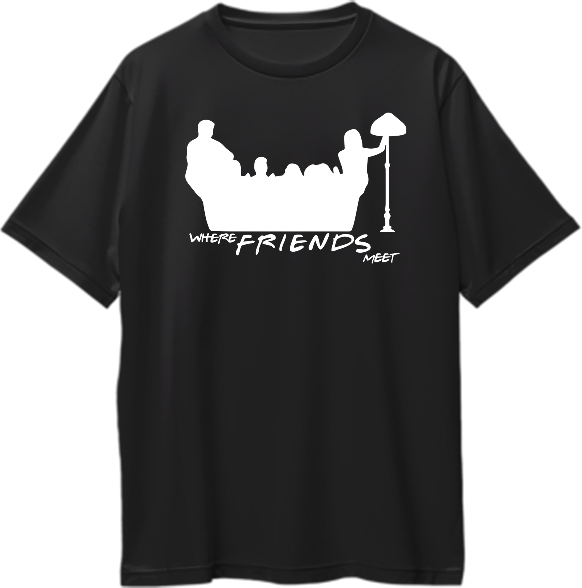 Friends oversized unisex t-shirt featuring the Central Perk couch silhouette with Ross, Monica, Rachel, Chandler, Joey, and Phoebe sitting together.