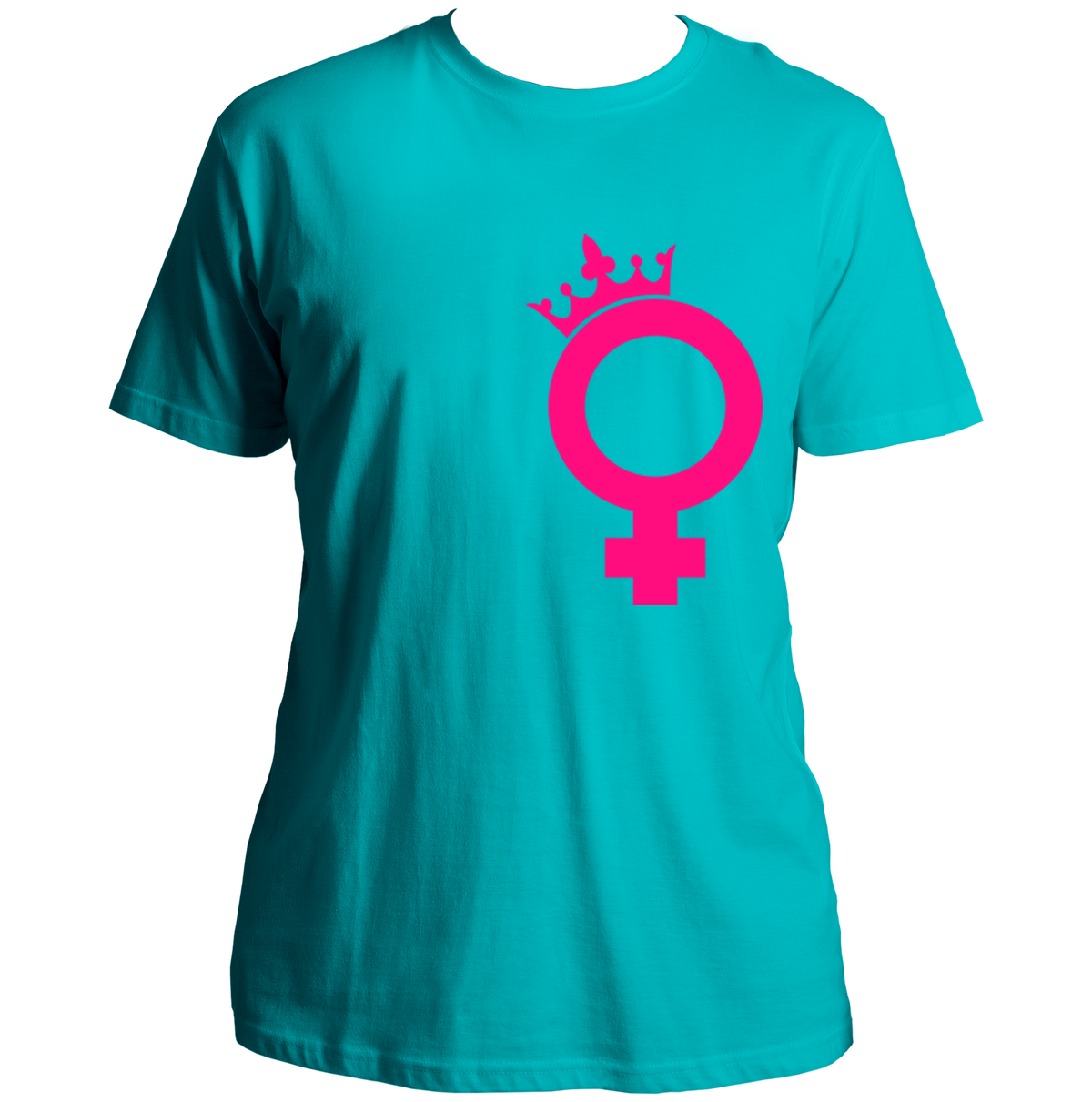 Aqua Blue We Are Queens Unisex T-Shirt with pink crowned female symbol graphic