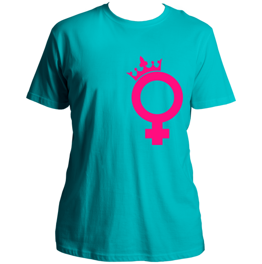 Aqua Blue We Are Queens Unisex T-Shirt with pink crowned female symbol graphic