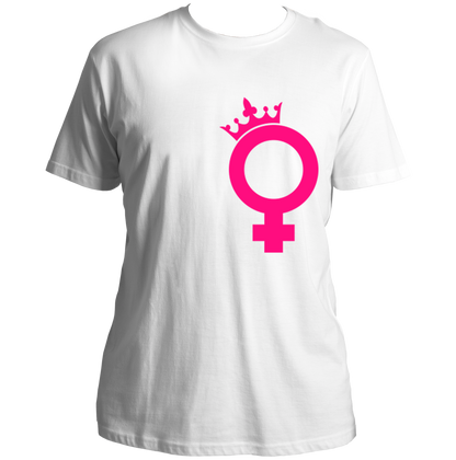White We Are Queens Unisex T-Shirt with crowned female symbol design