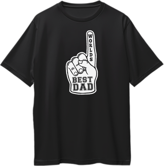 Black World’s Best Dad Oversized T-Shirt by Garrari with white World’s Best Dad foam finger graphic
