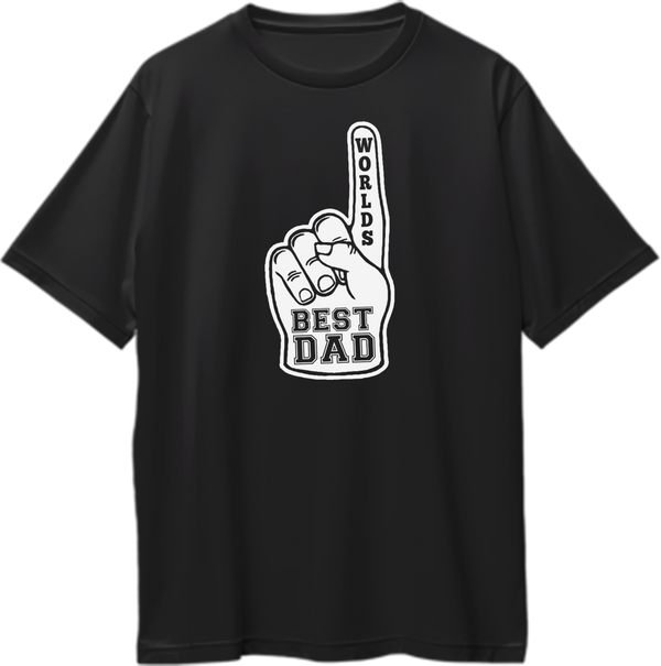 Black World’s Best Dad Oversized T-Shirt by Garrari with white World’s Best Dad foam finger graphic