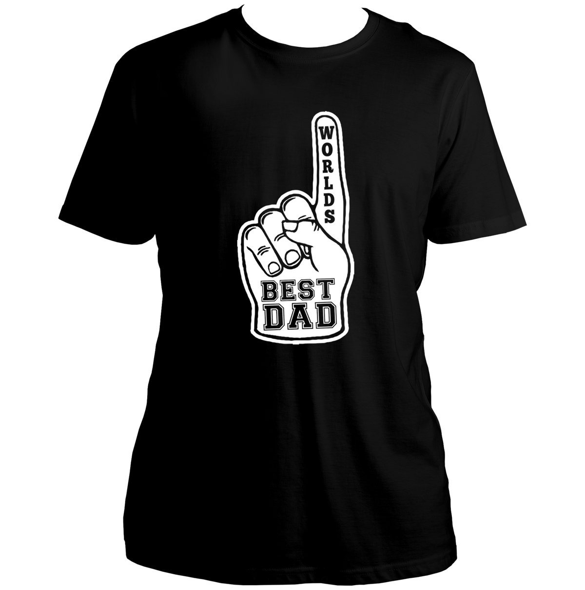 Black World’s Best Dad Unisex T-Shirt by Garrari with white foam finger Best Dad graphic