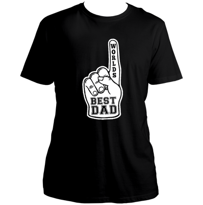 Black World’s Best Dad Unisex T-Shirt by Garrari with white foam finger Best Dad graphic