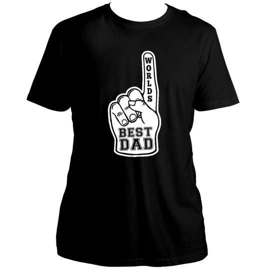 Black World’s Best Dad Unisex T-Shirt by Garrari with white foam finger Best Dad graphic