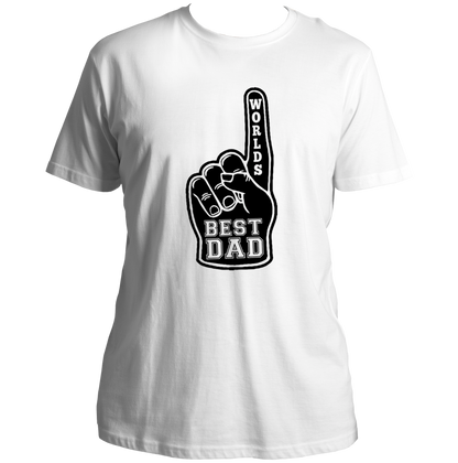 White World’s Best Dad Unisex T-Shirt by Garrari with dark foam finger Best Dad design
