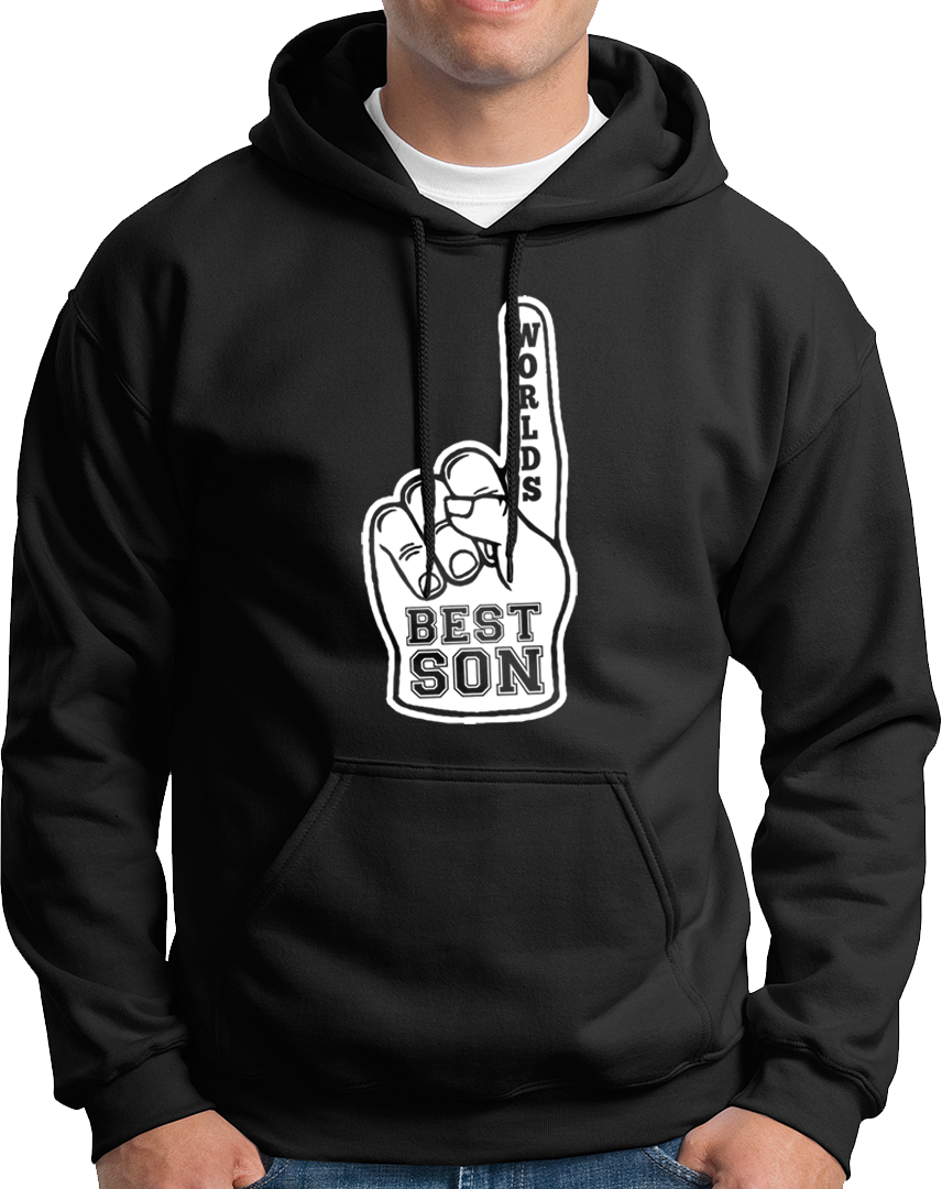 Black World’s Best Son Unisex Hoodie by Garrari with contrast World’s Best Son foam finger print