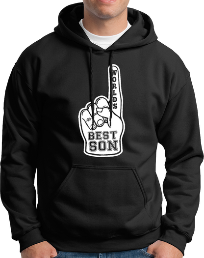 Black World’s Best Son Unisex Hoodie by Garrari with contrast World’s Best Son foam finger print