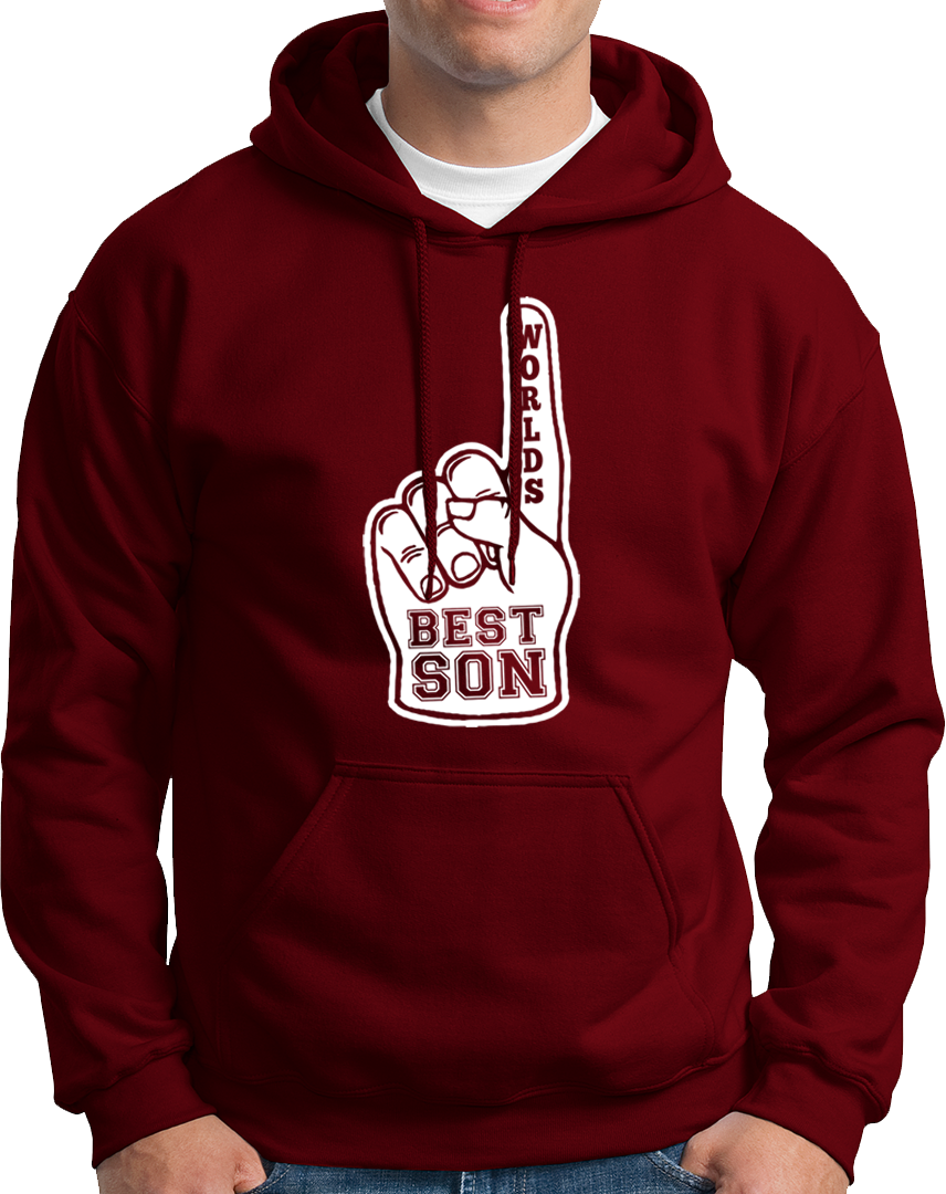 Maroon World’s Best Son Unisex Hoodie by Garrari with white foam finger Best Son design