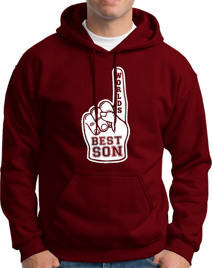 Maroon World’s Best Son Unisex Hoodie by Garrari with white foam finger Best Son design
