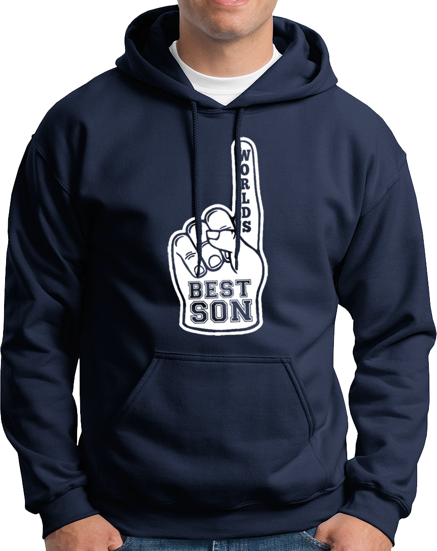 Navy Blue World’s Best Son Unisex Hoodie by Garrari with white Best Son foam finger graphic