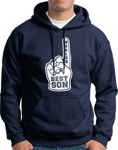 Navy Blue World’s Best Son Unisex Hoodie by Garrari with white Best Son foam finger graphic