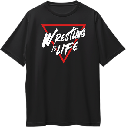 Black Wrestling Is Life Oversized T-Shirt by Garrari with red and white wrestling typography graphic