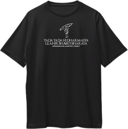 Black Yada Yada Hi Dharmasya oversized T-shirt with Shri Krishna Sudarshan Chakra artwork by Garrari
