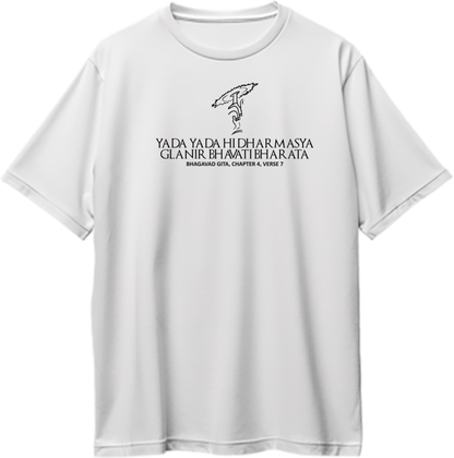 White Yada Yada Hi Dharmasya Shri Krishna oversized T-shirt with Sudarshan Chakra hand design