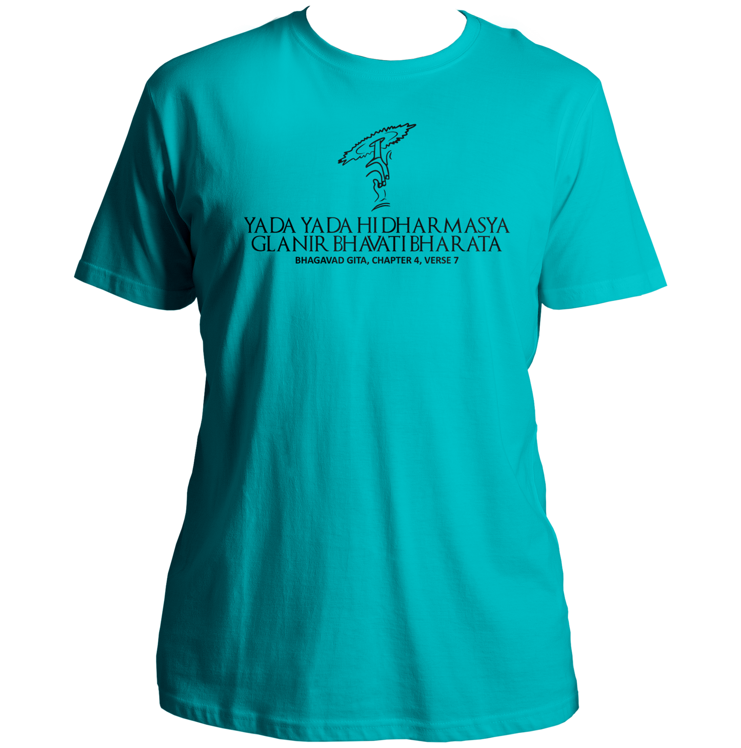 Aqua Blue Yada Yada Hi Dharmasya T-shirt with Shri Krishna Sudarshan Chakra artwork by Garrari
