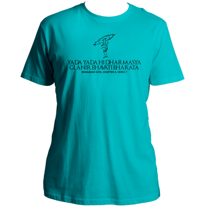 Aqua Blue Yada Yada Hi Dharmasya T-shirt with Shri Krishna Sudarshan Chakra artwork by Garrari