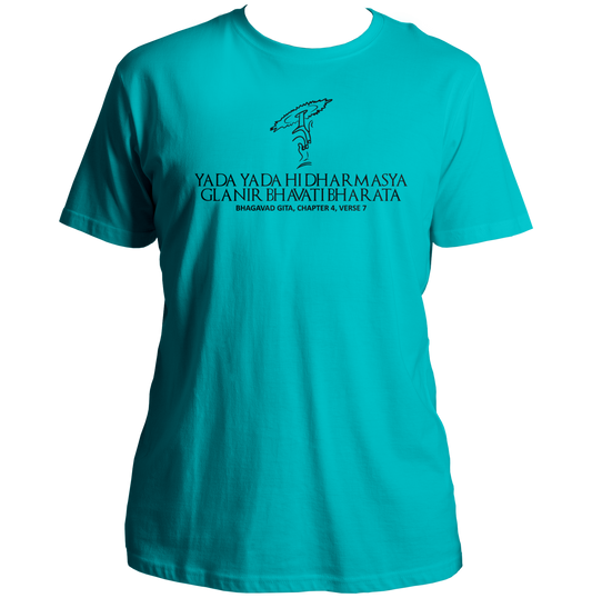 Aqua Blue Yada Yada Hi Dharmasya T-shirt with Shri Krishna Sudarshan Chakra artwork by Garrari
