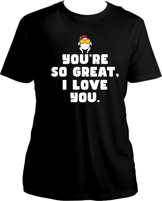 Welcome to our exclusive collection of F.R.I.E.N.D.S-inspired round neck cotton t-shirts! Dive into nostalgia and relive the iconic moment when Chandler Bing first confessed his love for Monica in the Thanksgiving episode with our special edition tee. The shirt features the heartwarming quote, "You're So Great, I Love You," capturing the essence of that memorable scene.