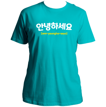 Aqua Blue Annyeonghaseyo Korean Hello Unisex T-Shirt with Hangul typography print