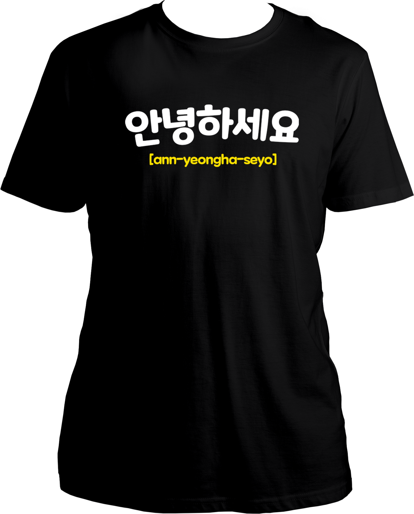 "Get your K-pop on in style with our "Annyeonghaseyo" tee! Say hello in Korean while showing off your love for Korean culture and music. Perfect for any kpop fan, this unisex t-shirt is truly fabulous. (Korean language not required, but a love for all things Korean is a must!)