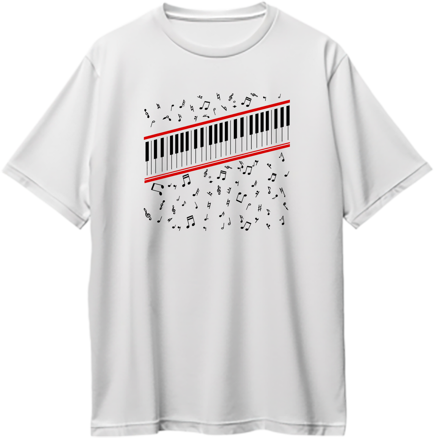 Piano Keys Graphic oversized white T-shirt with music notes and rhythm-inspired design by Garrari