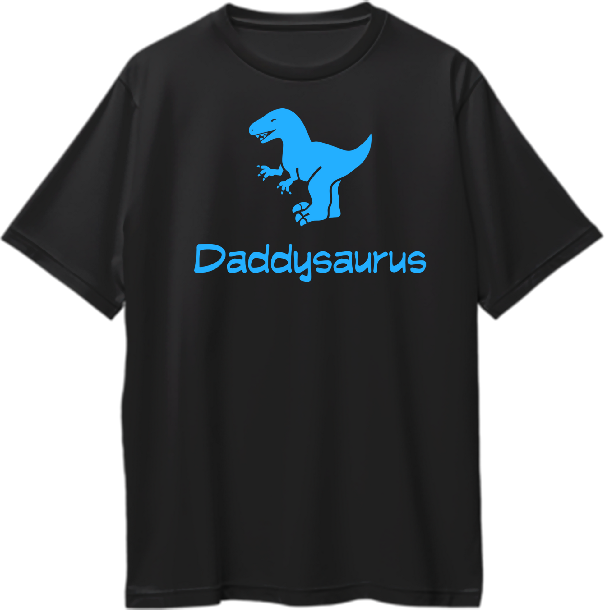 Black Daddysaurus Oversized T-Shirt by Garrari with blue dinosaur graphic and Daddysaurus typography print