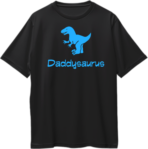 Black Daddysaurus Oversized T-Shirt by Garrari with blue dinosaur graphic and Daddysaurus typography print