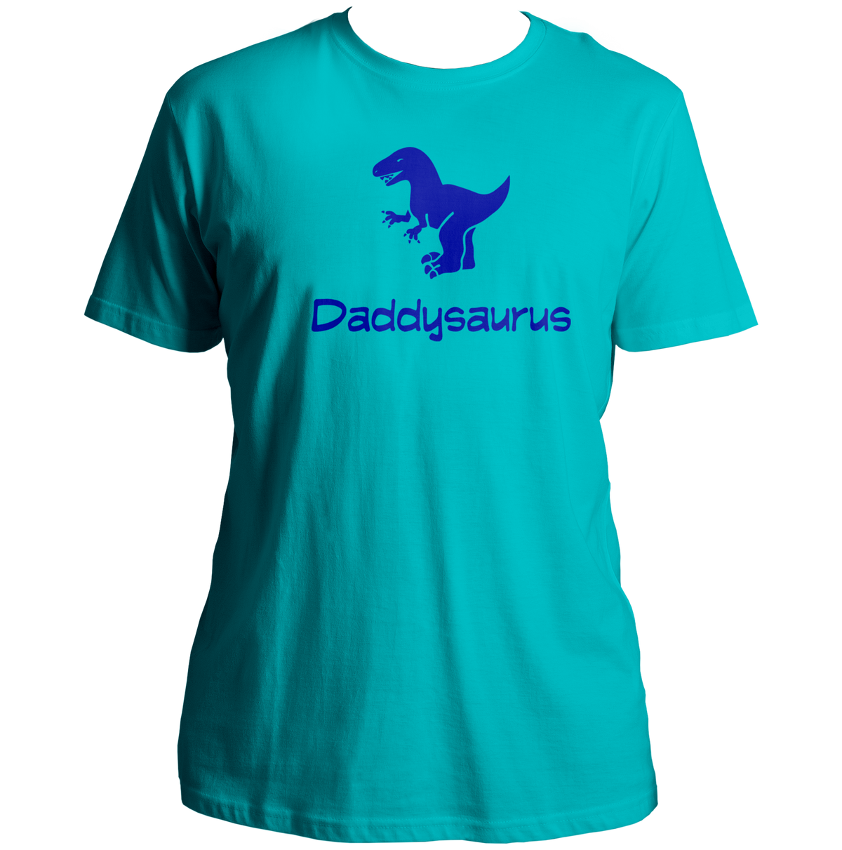 Aqua Blue Daddysaurus Unisex T-Shirt by Garrari with blue dinosaur and funny dad print
