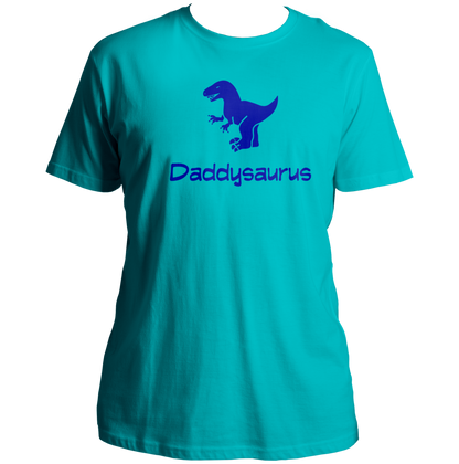 Aqua Blue Daddysaurus Unisex T-Shirt by Garrari with blue dinosaur and funny dad print