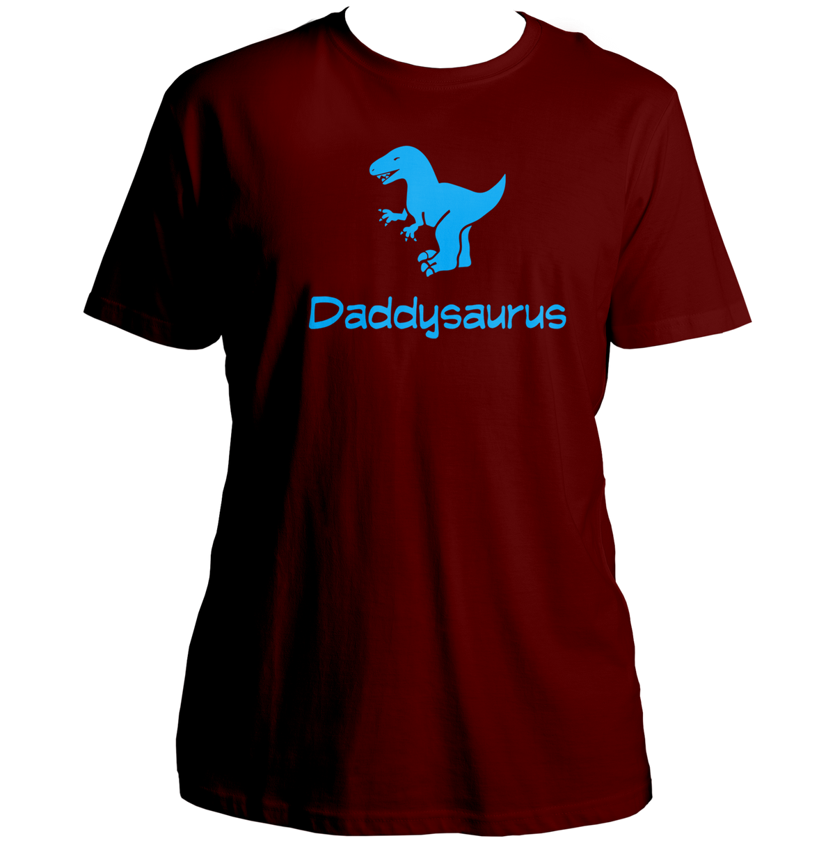 Maroon Daddysaurus Unisex T-Shirt by Garrari with dinosaur graphic and playful father typography