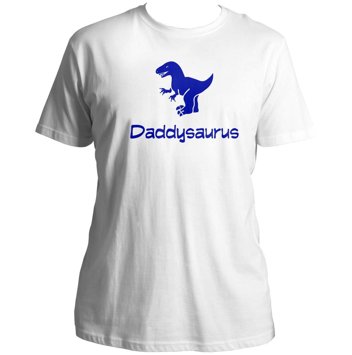 White Daddysaurus Unisex T-Shirt by Garrari with dinosaur graphic and funny dad typography