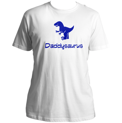 White Daddysaurus Unisex T-Shirt by Garrari with dinosaur graphic and funny dad typography