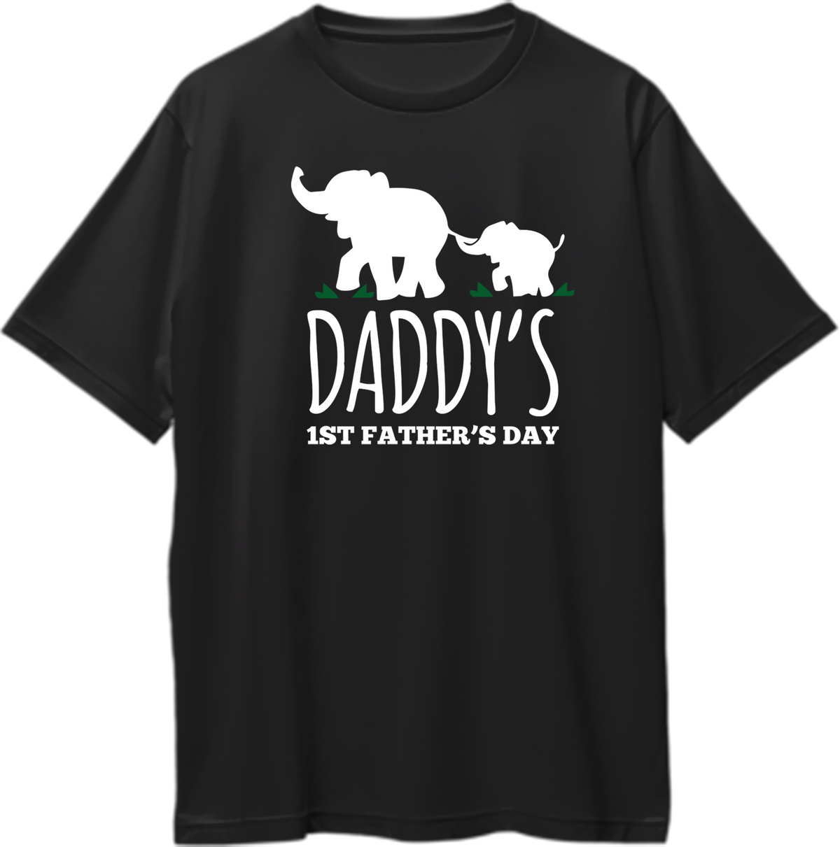 Black Daddy’s 1st Father’s Day Oversized T-Shirt by Garrari with white father and baby elephant graphic
